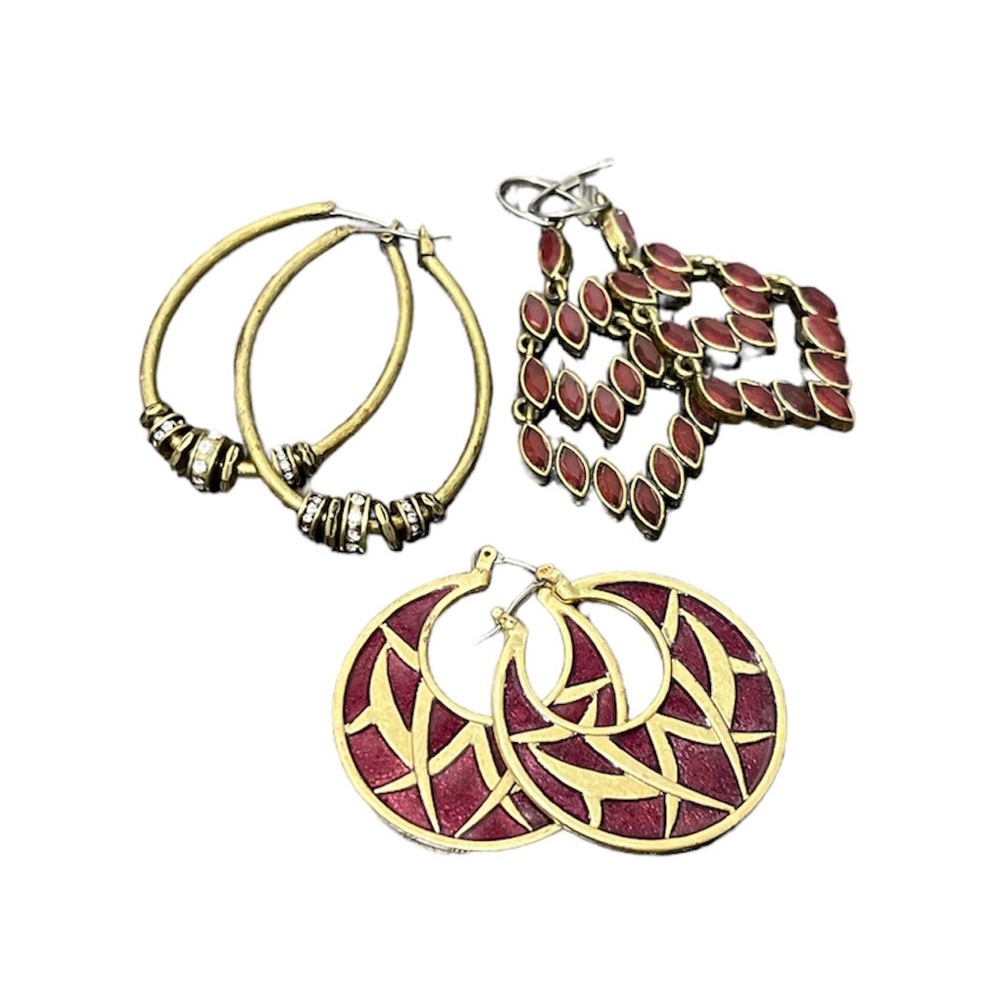 Fossil 3x Pairs Earrings Maroon/Purple Coloured Dangling Hoop and Charm Designs